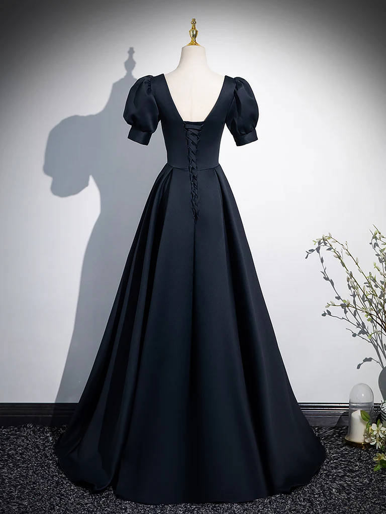 A-Line Short Sleeve Satin Dark Blue Long Prom Dress, Dark Blue Long Formal Dress - Deanwangkt