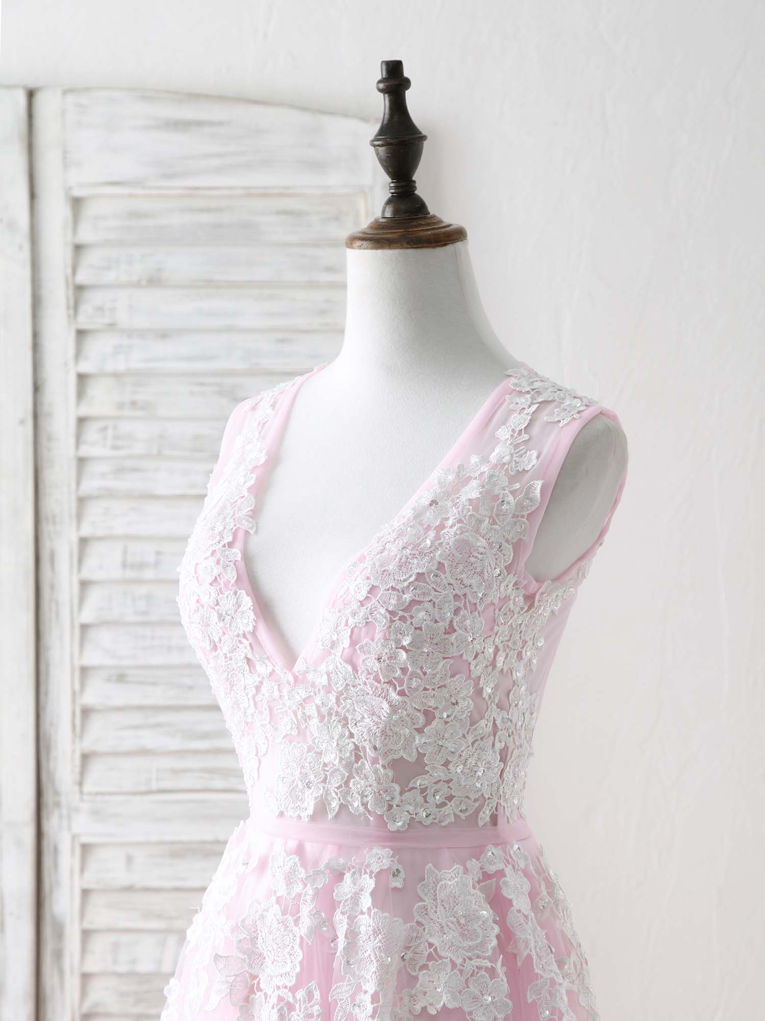 Pink V Neck Tulle Lace Applique Long Prom Dress Pink Evening Dress - Deanwangkt