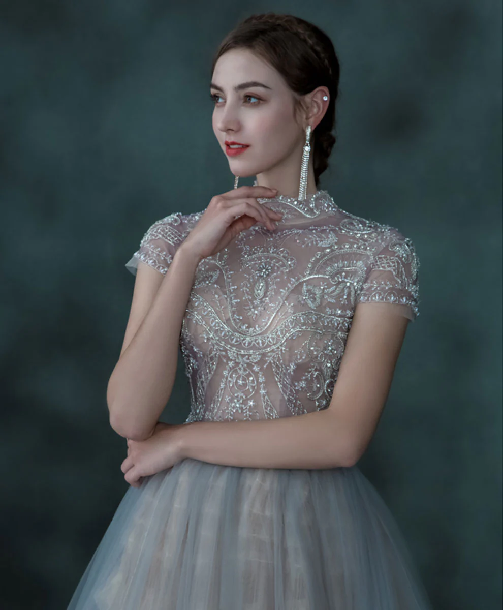 Blue Tulle Sequin Beading Long Prom Dress, Blue Aline Tulle Evening Dress - Deanwangkt