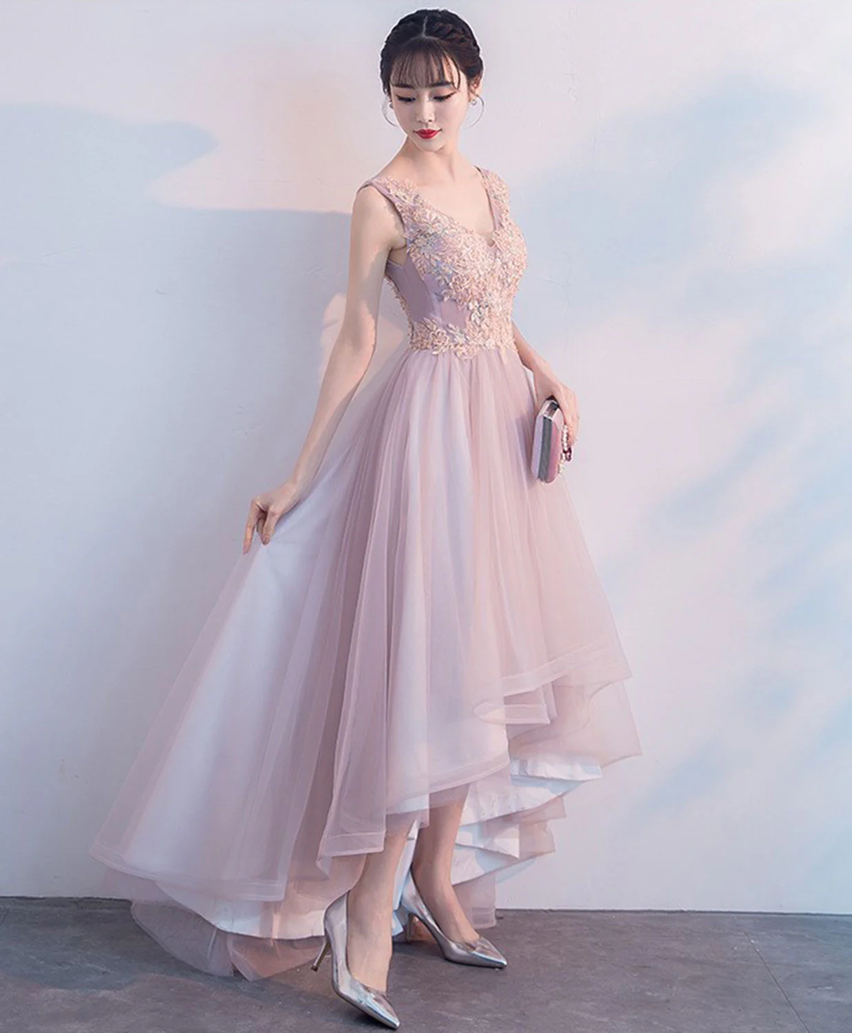 Cute V Neck Light Pink Tulle Lace Prom Dress, Tulle Evening Dress - Deanwangkt