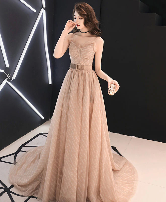 Champagne A-Line Tulle Long Prom Dress Champagne Evening Dress - Deanwangkt