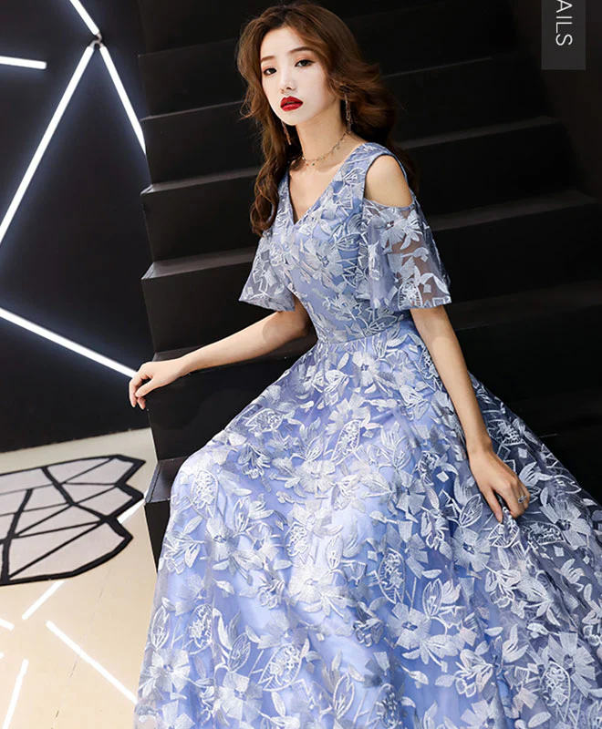 Blue V Neck Lace Long Prom Dress, Blue Evening Dress - Deanwangkt