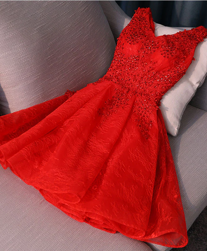 Black V Neck Lace Short Prom Dress, Black Cute Homecoming Dresses - Deanwangkt