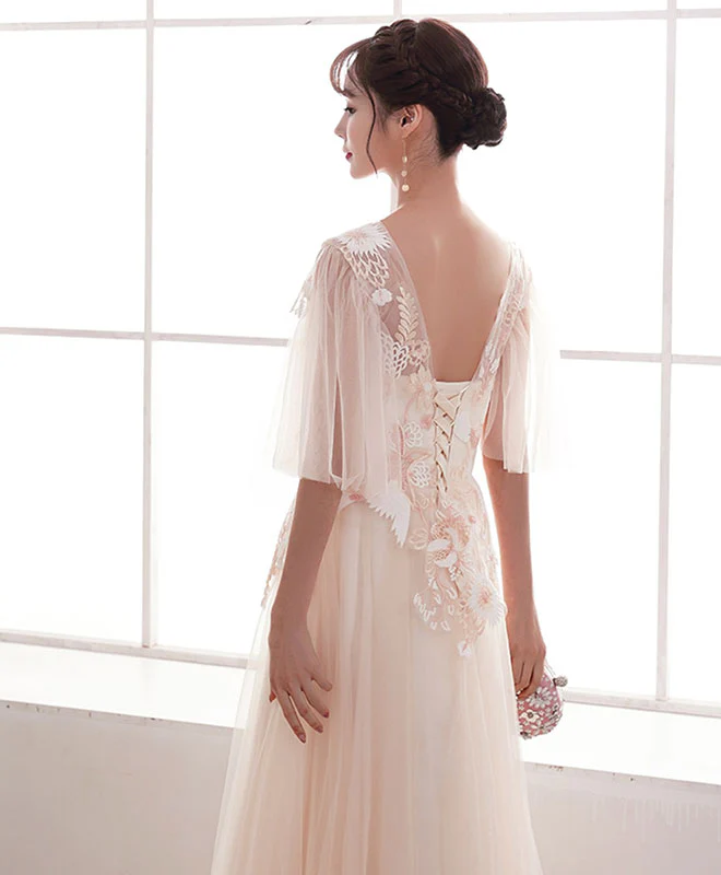 Champagne A-Line Lace Applique Long Prom Dress Lace Evening Dress - Deanwangkt