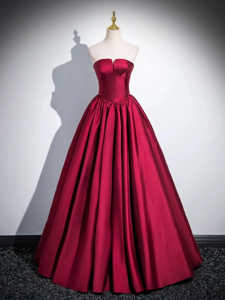 A-Line Satin Dark Red Long Prom Dress, Dark Red Evening Dress - Deanwangkt