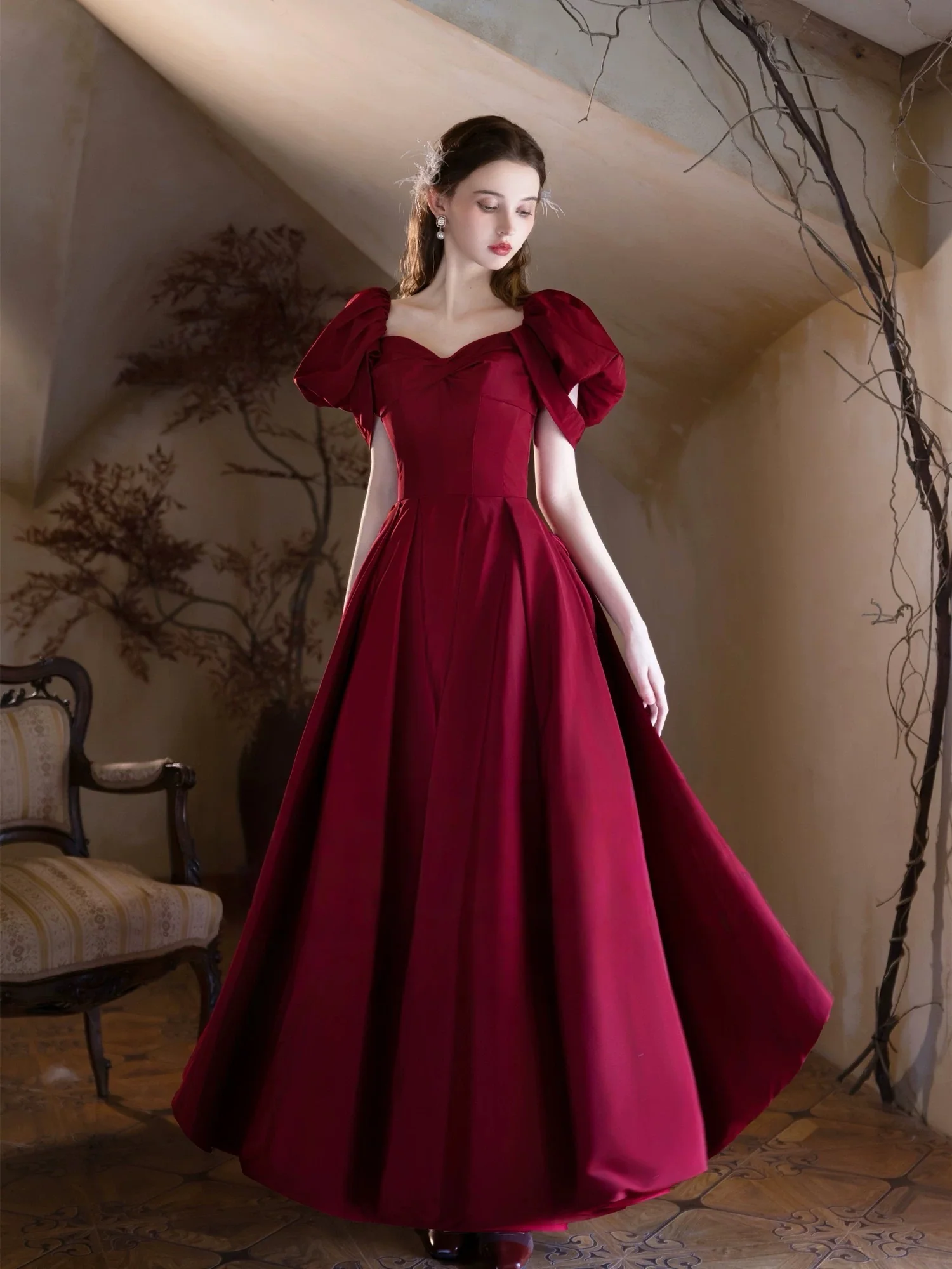 A-Line Puff Sleeves Satin Burgundy Long prom Dress, Burgundy Long Formal Dress - Deanwangkt