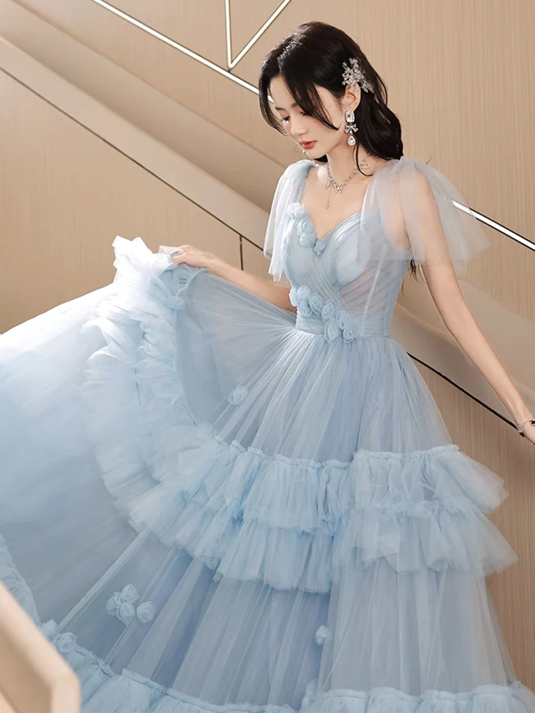 A-Line Tulle Blue Long Prom Dress, Blue Tulle Long Evening Formal Dress - Deanwangkt