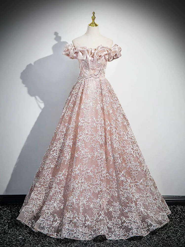 A-Line Off Shoulder Tulle Lace Pink Long Prom Dress, Pink Long Formal Dress - Deanwangkt