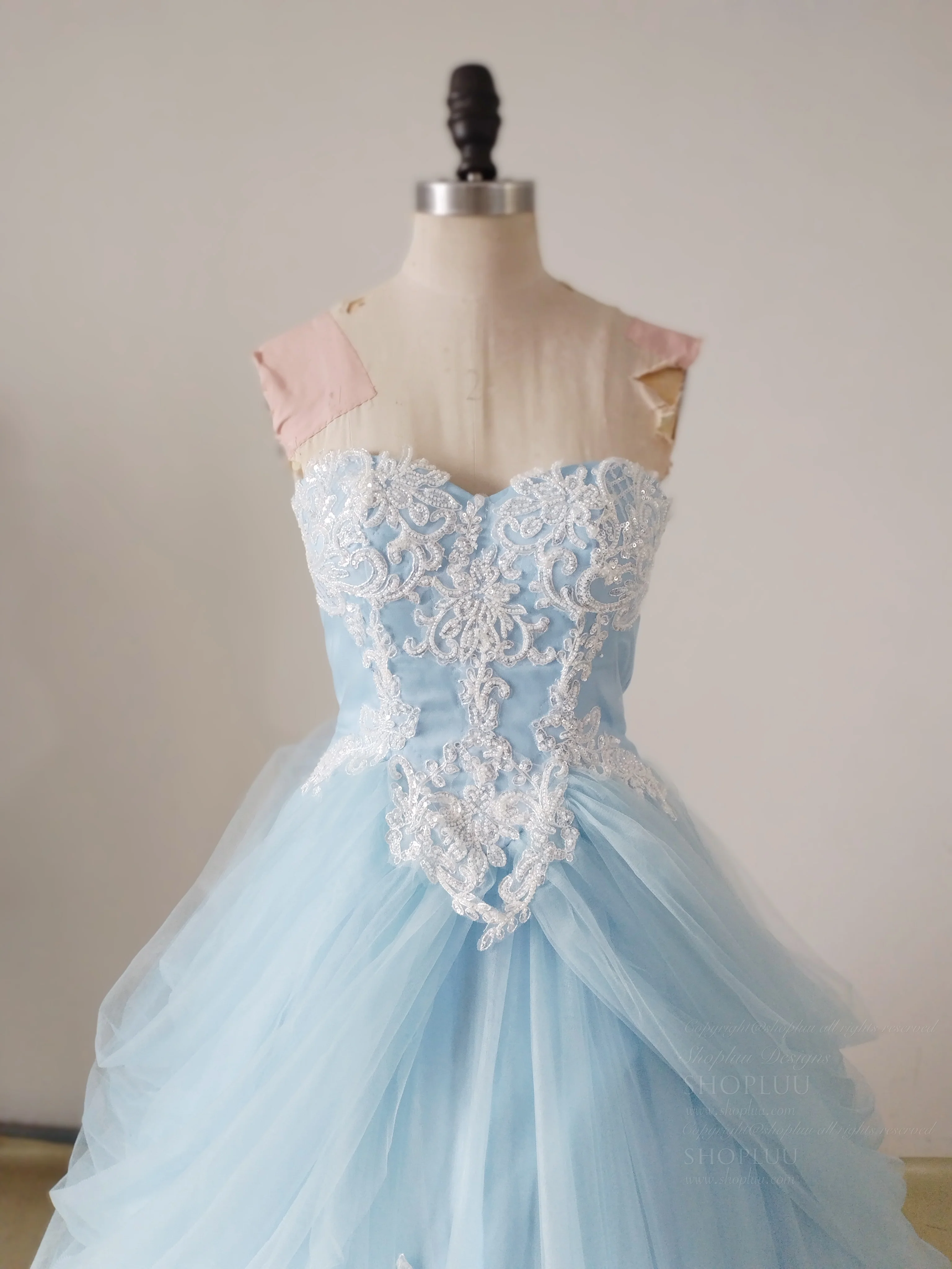 A-Line Sweetheart Neck Lace Blue Long Prom Dress, Blue Long Sweet 16 Dress - Deanwangkt