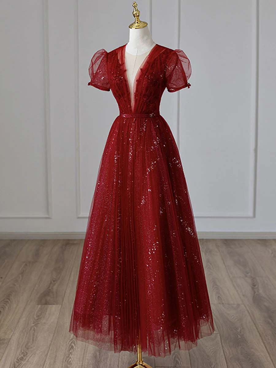 V Neck Tulle Sequin Tea Length Burgundy Prom Dress, Burgundy Evening Dress - Deanwangkt