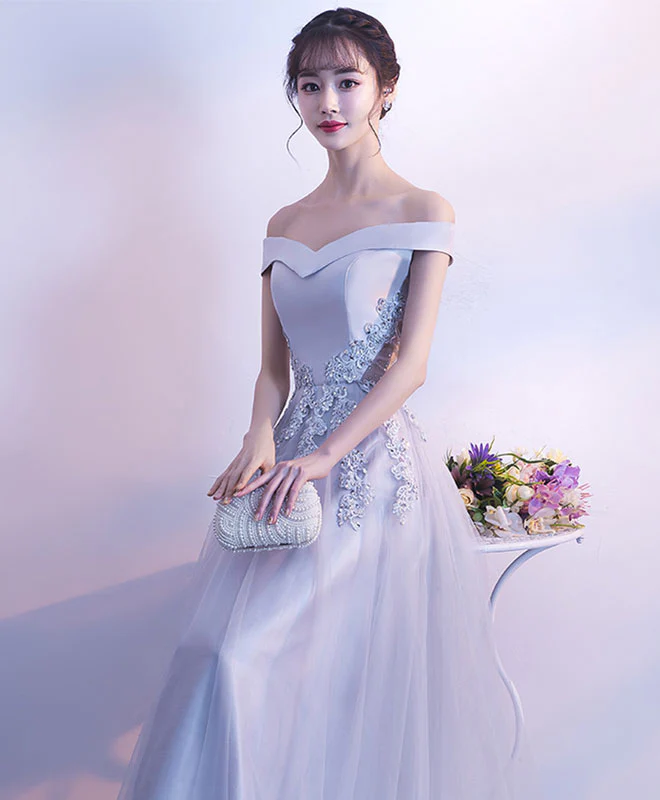 Gray Tulle Lace Off Shoulder Long Prom Dress, Evening Dress - Deanwangkt