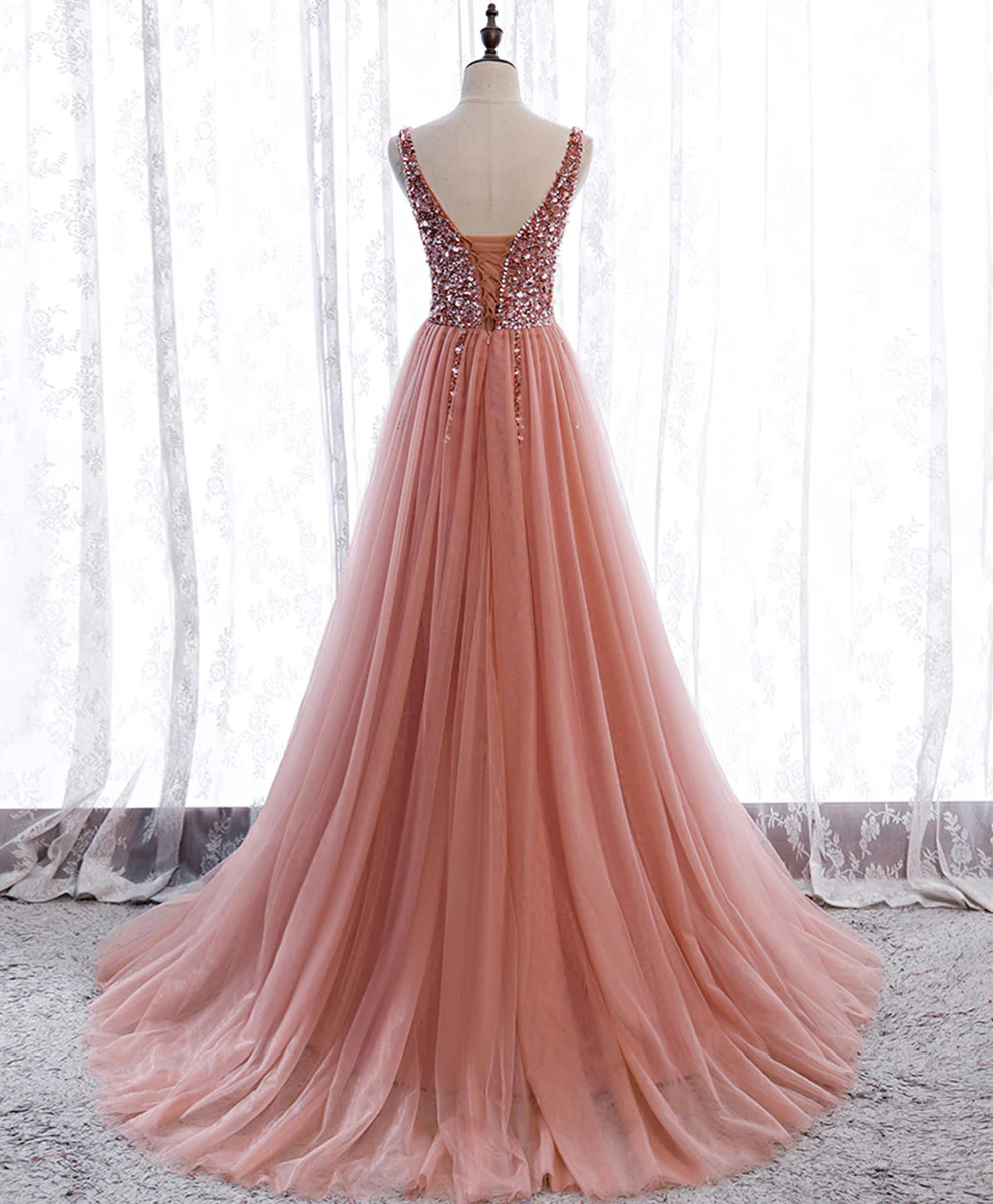 Pink V Neck Tulle Sequin Long Prom Dress, A line Pink Formal Dress with Beading Sequin - Deanwangkt