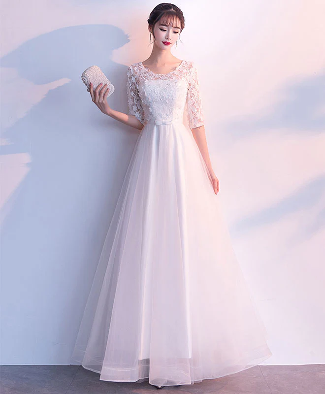 White Tulle Lace Long Prom Dress, White Tulle Lace Evening Dress - Deanwangkt