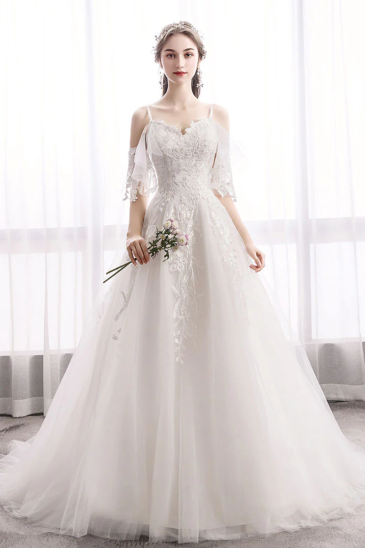 White Sweetheart Lace Tulle Long Wedding Dress, Lace Bridal Dress - Deanwangkt