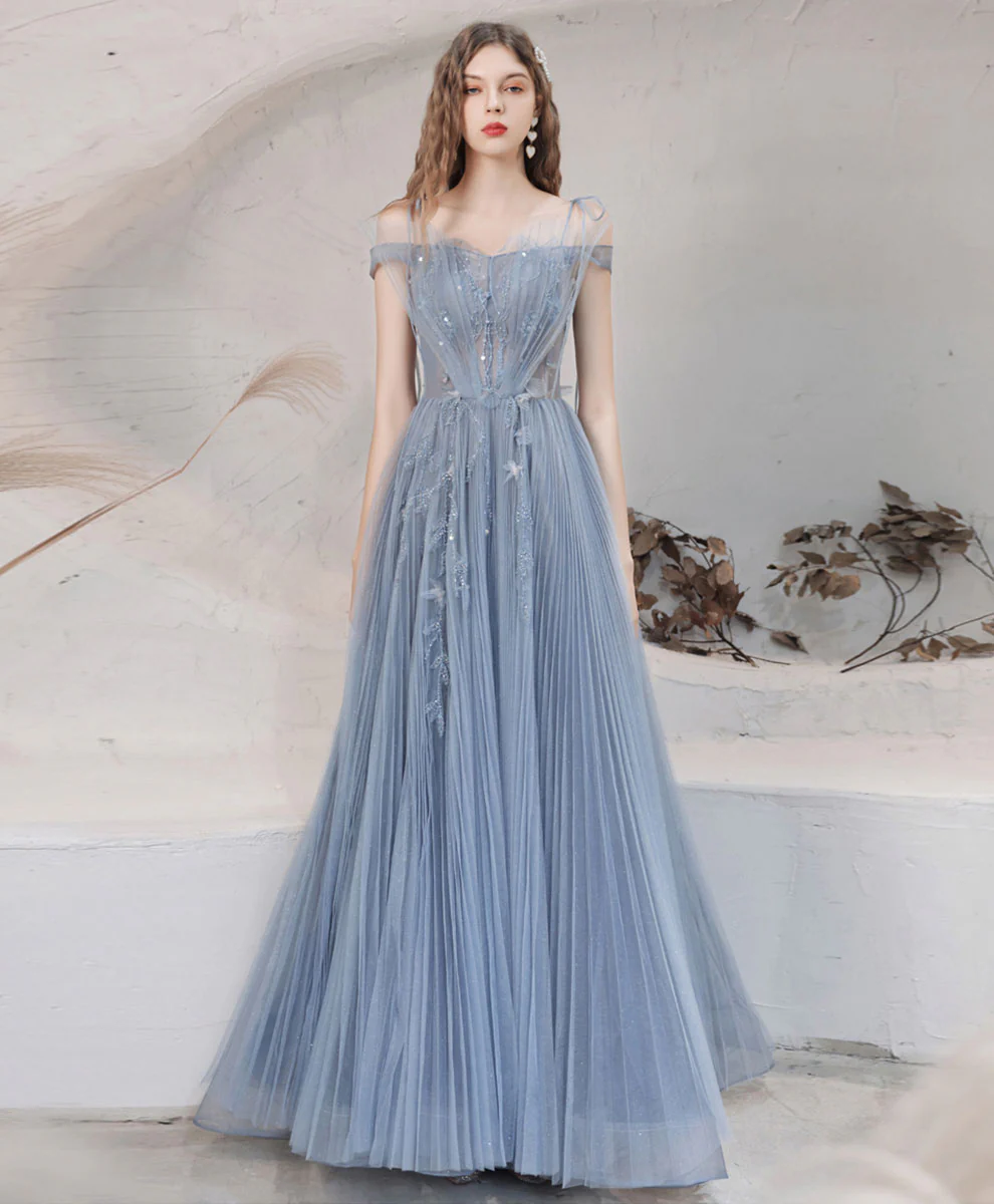 Blue Aline Off Shoulder Long Prom Dress, Blue Formal Graduation Dress with Beading - Deanwangkt