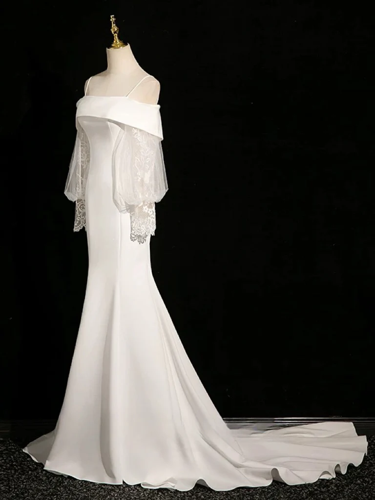White Long Sleeve Lace Long Prom Dress, White Long Bridal Dress - Deanwangkt