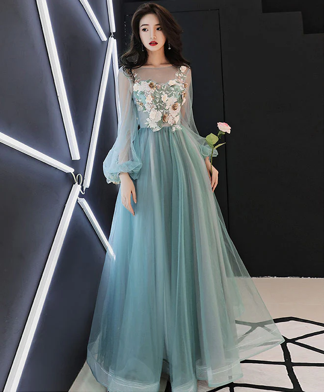 Green Tulle Lace Applique Long Prom Dress, Green Evening Dress - Deanwangkt