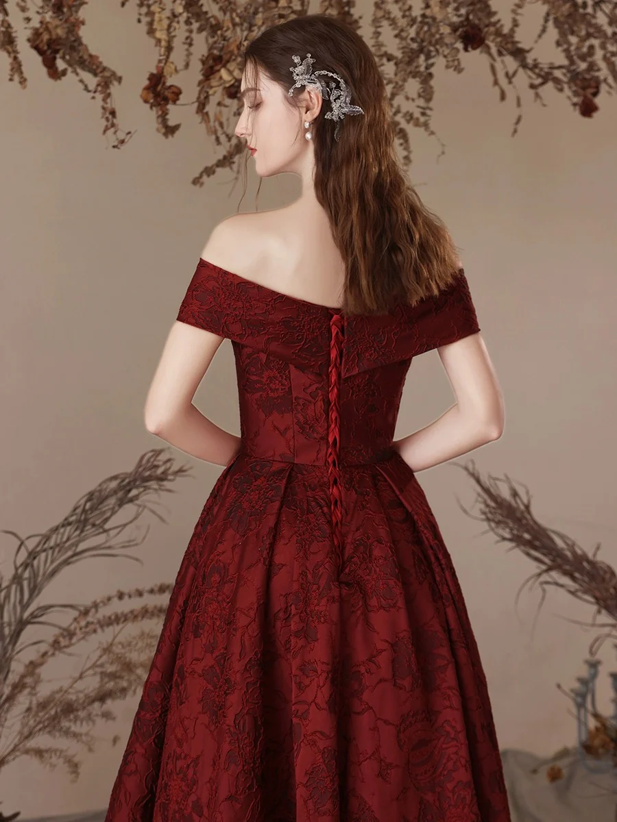 A-Line Off Shoulder Satin Burgundy Long Prom Dress, Burgundy Long Formal Dress - Deanwangkt