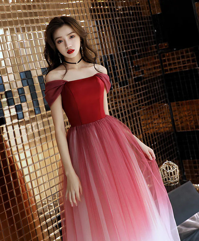 Unique Burgundy Off Shoulder Tulle Long Prom Dress, Burgundy Evening Dress - Deanwangkt