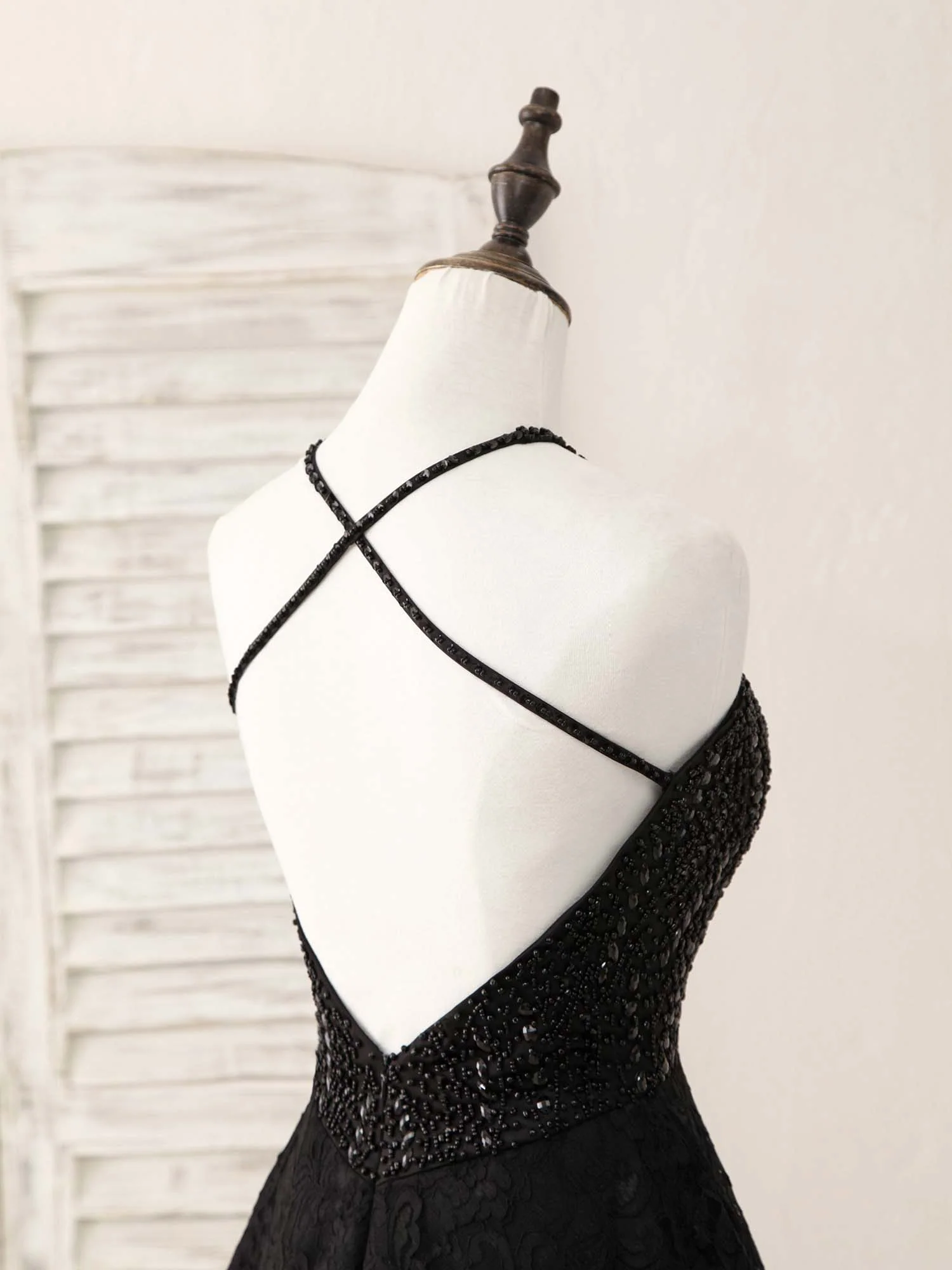 Black Round Neck Lace Beads Short Prom Dress, Black Homecoming Dress - Deanwangkt