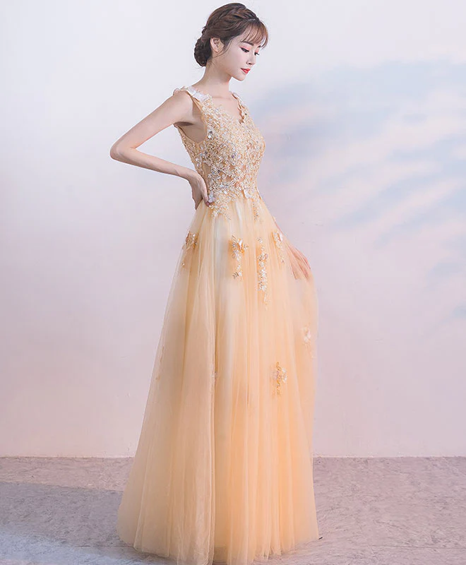 Champagne Tulle Lace Long Prom Dress. Champagne Tulle Evening Dress - Deanwangkt