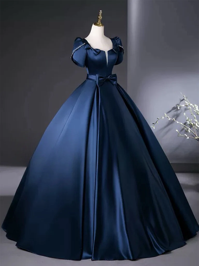 A-Line Satin Dark Blue Long Prom Dress, Dark Blue Long Formal Dress - Deanwangkt