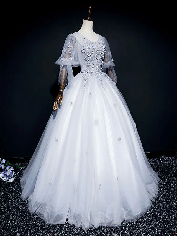 Gray V Neck Tulle Lace Long Prom Dress, Gray Lace Evening Dress - Deanwangkt