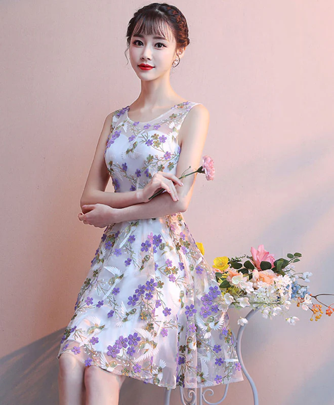 Cute Tulle Purple Flower Short Prom Dress Tulle Homecoming Dress - Deanwangkt