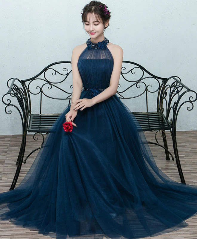 Simple Blue Tulle Long Prom Dress, Blue Tulle Bridesmaid Dress - Deanwangkt