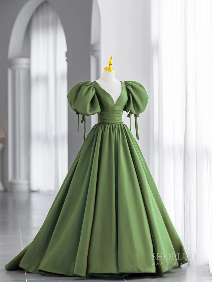 Simple V Neck Puffy Sleeves Satin Long Prom Dress, Satin Evening Dress - Deanwangkt