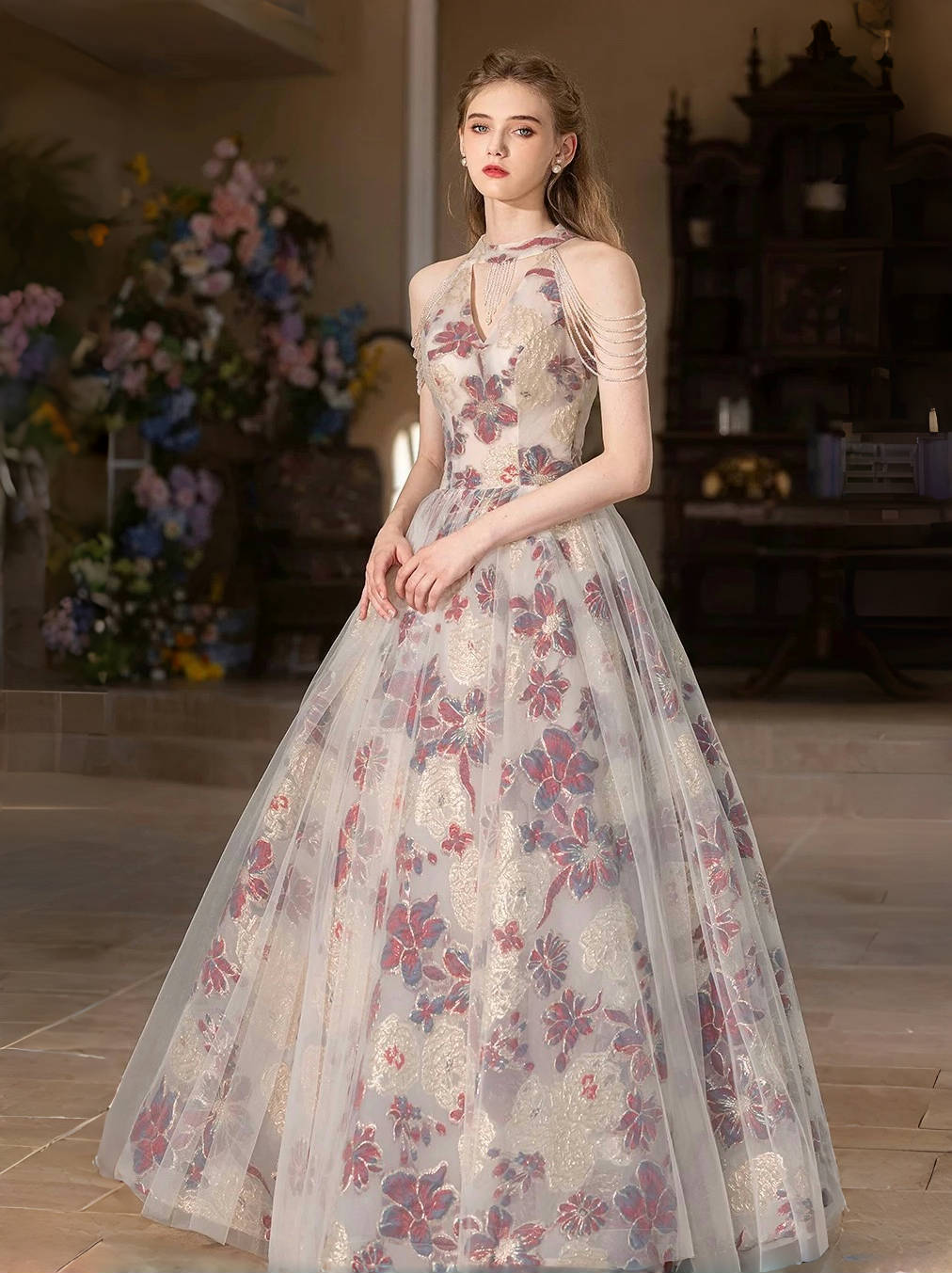 A-Line Tulle Lace Light Champagne Long Prom Dress, Lace Long Evening Dress - Deanwangkt