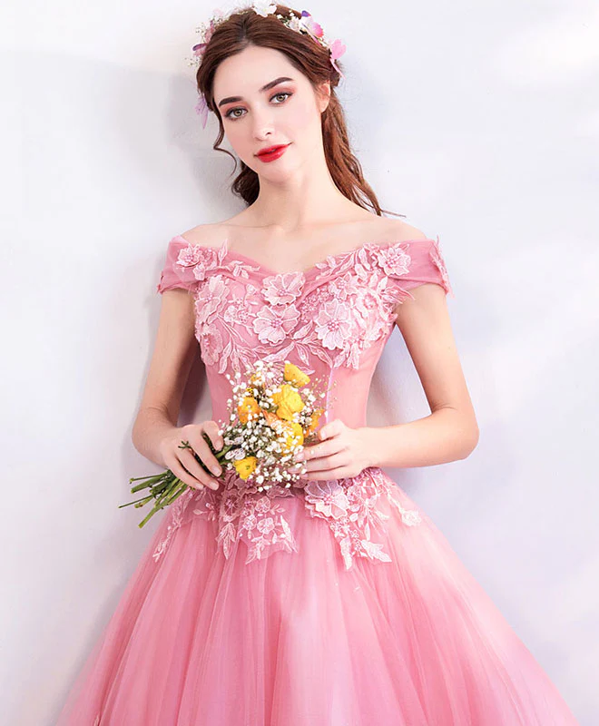 Pink Tulle Off Shoulder Lace Long Prom Dress, Pink Evening Dress - Deanwangkt