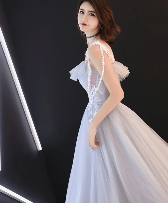 Gray Tulle Tea Length Prom Dress, Gray Tulle Evening Dress - Deanwangkt