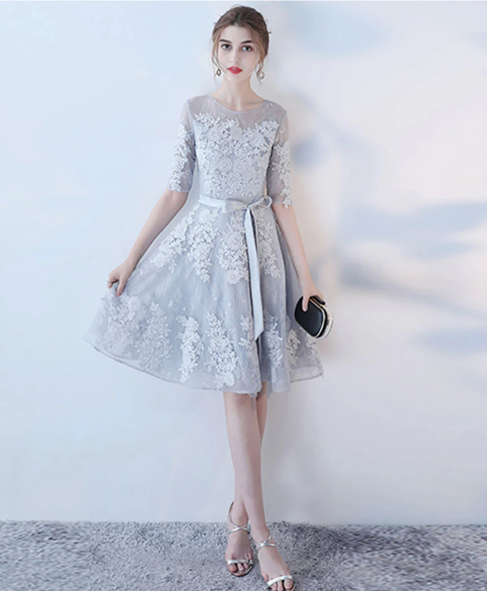Gray Round Neck Tulle Lace Short Prom Dress Gray Homecoming Dress - Deanwangkt