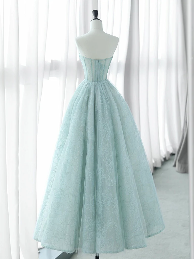 A-Line Sweetheart Neck Tulle Lace Blue Long Prom Dress, Blue Long Formal Dress - Deanwangkt