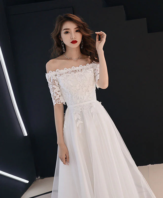 White Lace Tulle Long Prom Dress, White Tulle Lace Bridesmaid Dress - Deanwangkt