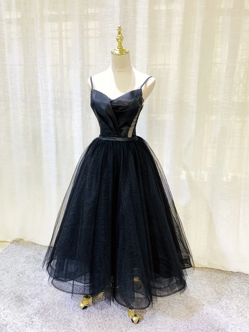 Simple Tulle Tea Length Black Prom Dress, Black Homecoming Dress - Deanwangkt