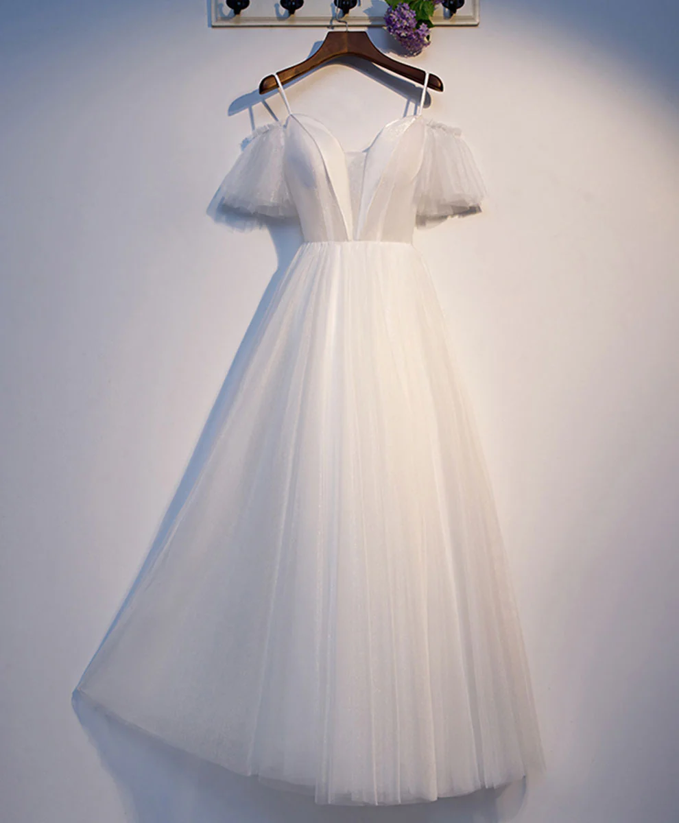 White Sweetheart Neck Tulle Long Prom Dress, White Formal Dress - Deanwangkt