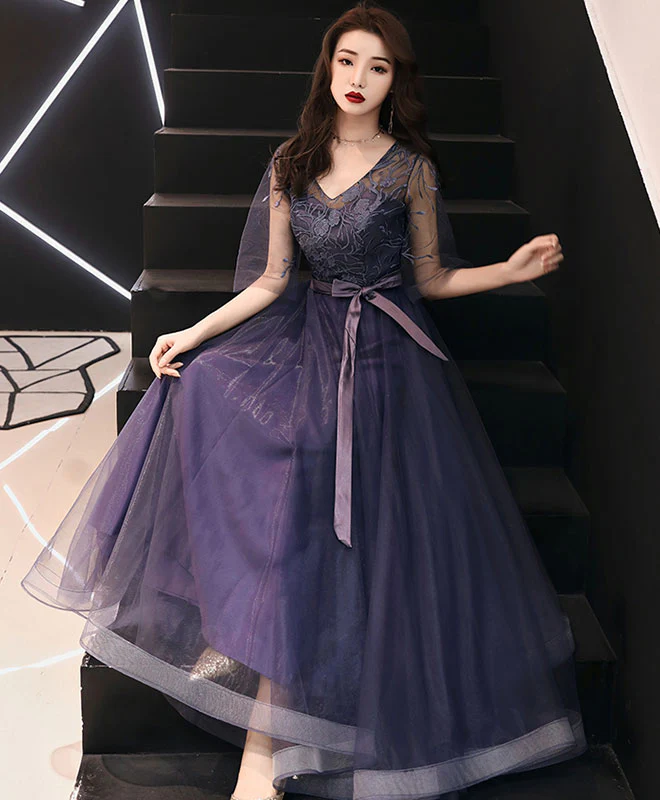 Elegant A-Line Tulle Lace Prom Dress Purple Tulle Formal Dress - Deanwangkt