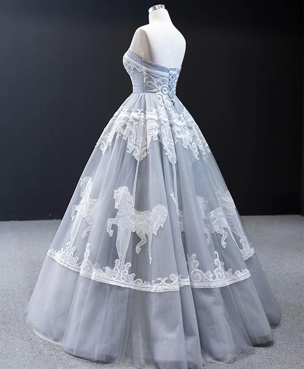 Gray Sweetheart Tulle Lace Long Prom Dress Gray Tulle Formal Dress - Deanwangkt