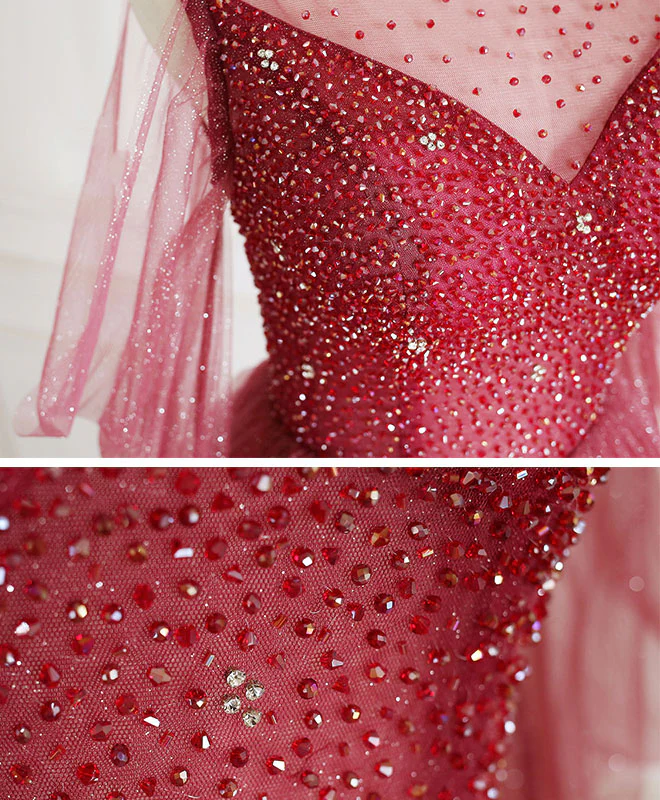 Burgundy Round Neck Tulle Long Prom Dress Burgundy Evening Dress - Deanwangkt