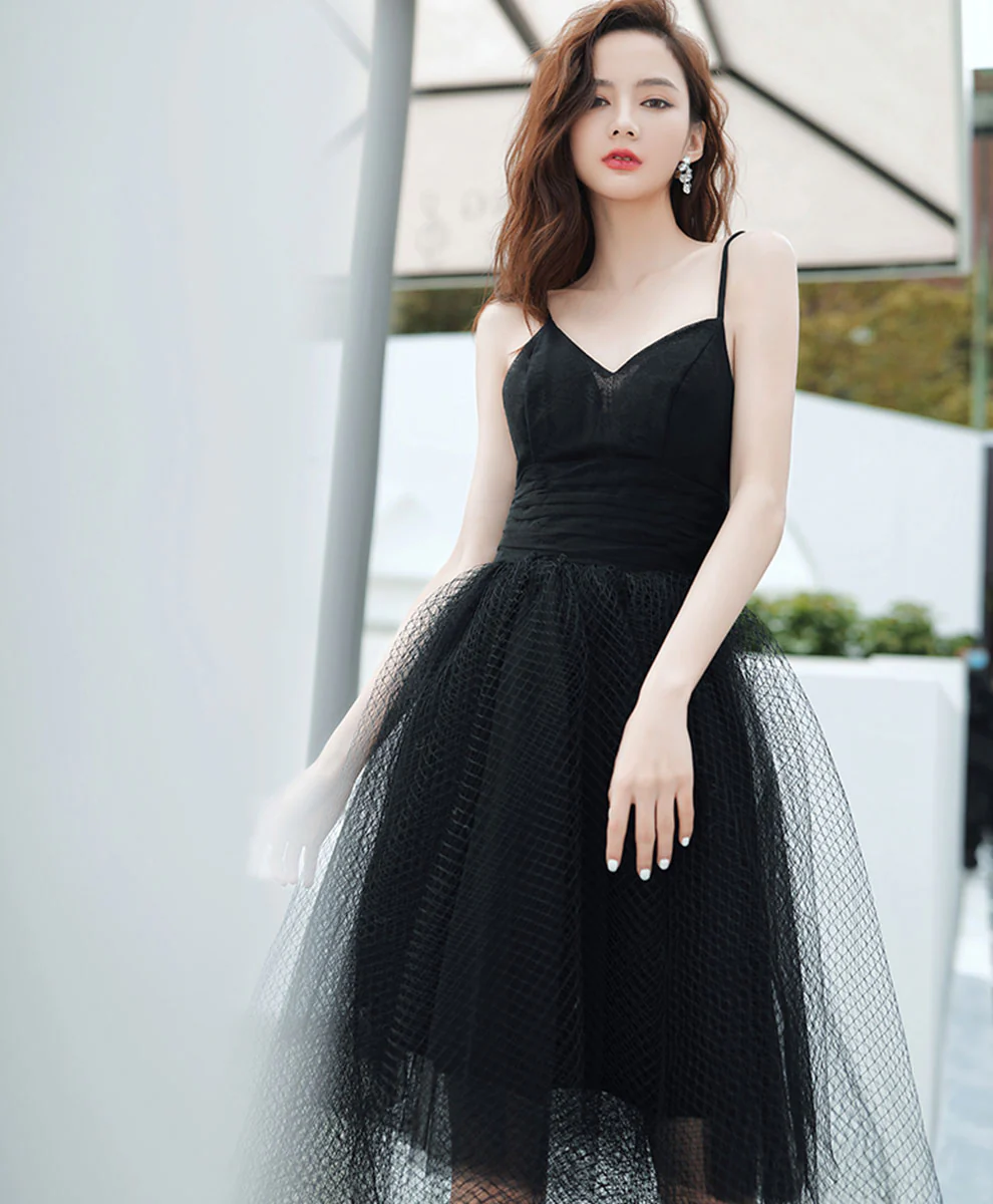 Black V Neck Tulle Short Prom Dress Black Short Evening Dress - Deanwangkt