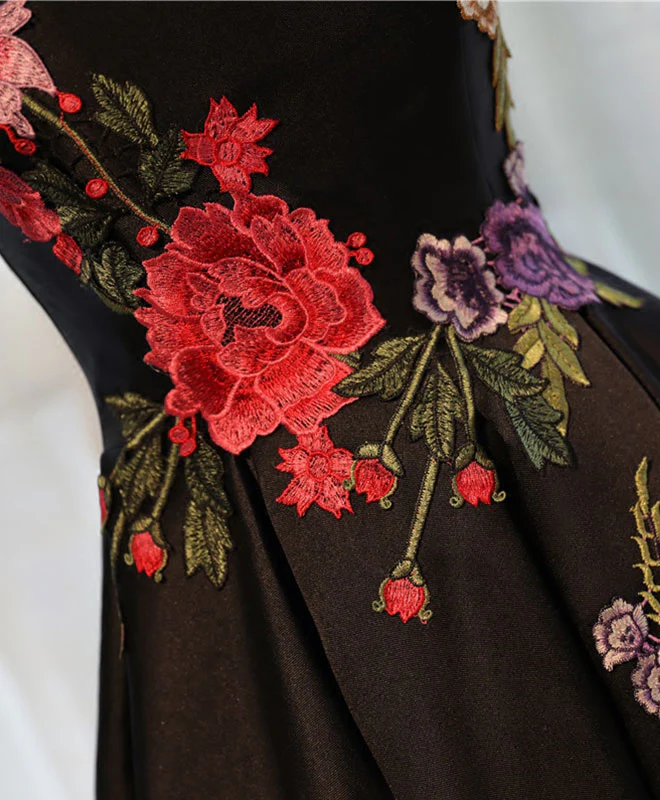 Black Satin Short Prom Dress, Black Homecoming Dresses With Lace Applique - Deanwangkt