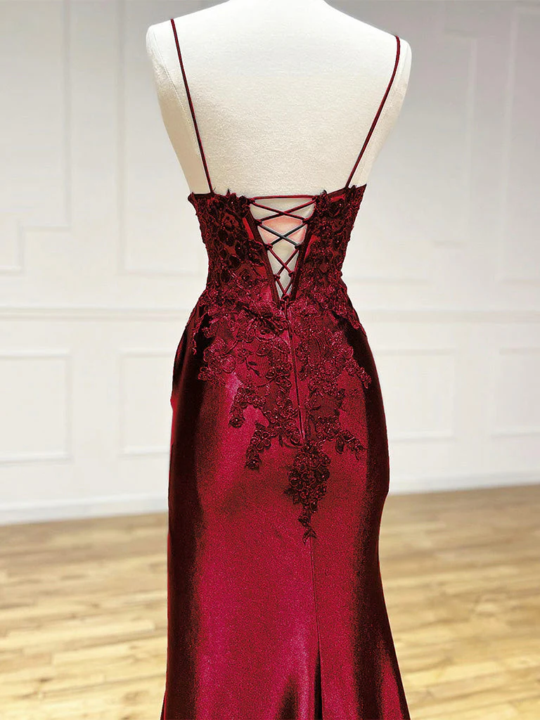 Burgundy V Neck Satin Lace Long Prom Dress, Burgundy Lace Long Evening Dress - Deanwangkt