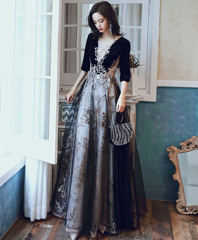 Black Round Neck Tulle Long Prom Dress Black Evening Dress - Deanwangkt