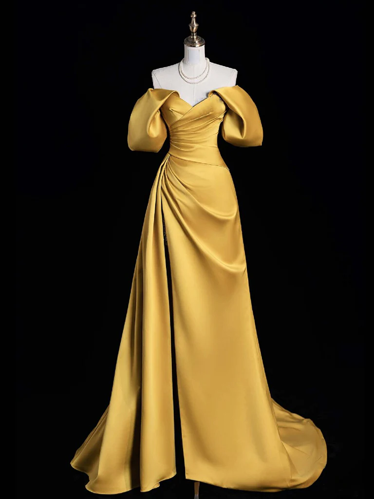 A-Line Off Shoulder Satin Gold Long Prom Dress, Gold Long Evening Dress - Deanwangkt