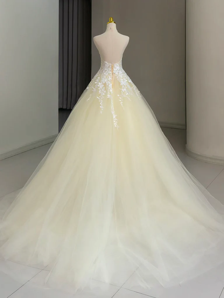 A-Line Lace Tulle Champagne Long Prom Dress, Tulle Lace Long Graduation Dress - Deanwangkt