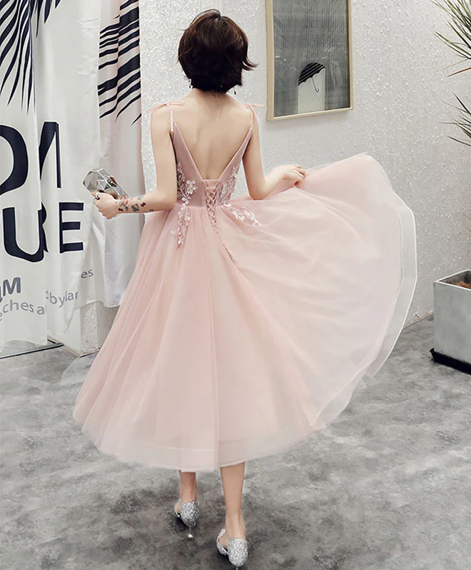 Simple Pink V Neck Tulle Short Prom Dress, Pink Homecoming Dress - Deanwangkt