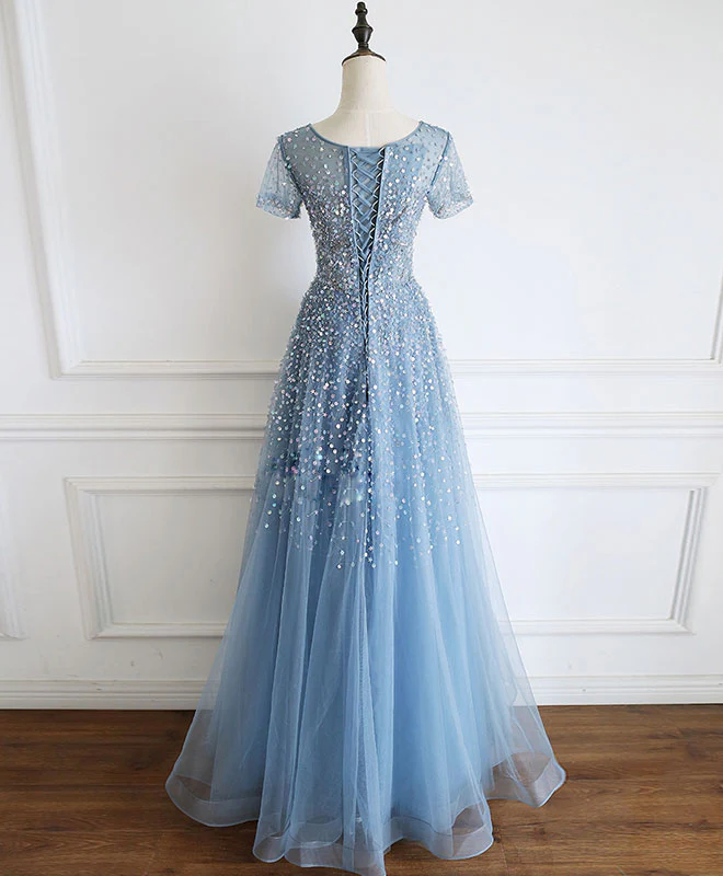 Blue Round Neck Tulle Sequin Beads Long Prom Dress Blue Tulle Formal Dress - Deanwangkt