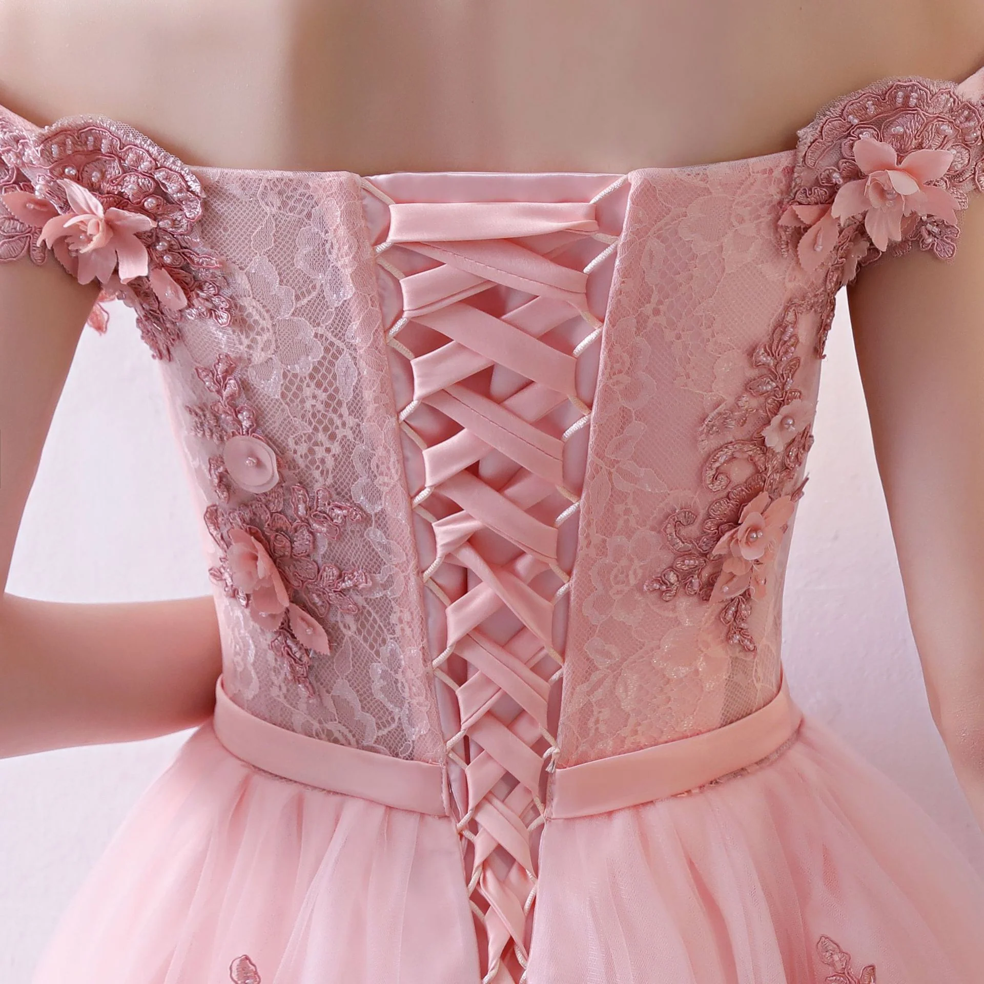 Pink Tulle Lace Long Prom Dress, Lace Evening Dress - Deanwangkt